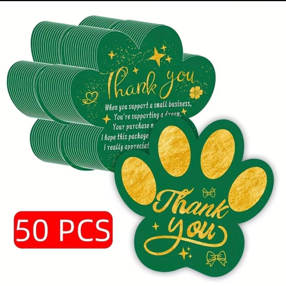 50 Paw Print Thank You Card - Green & Gold - Picture 2 of 7